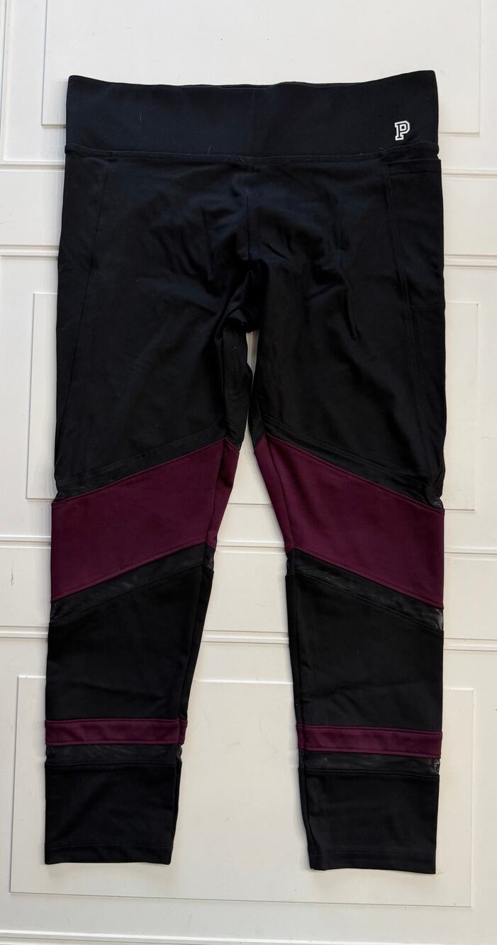 Victorias Secret PINK Ultimate Sz L Black Purple Mesh Cropped Leggings Yoga